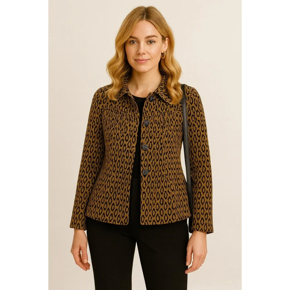 Kikit Jeans Leopard Print Corduroy Cropped‎ Swing Jacket Rose Button Detail